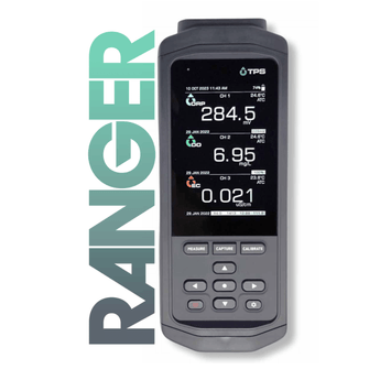 A TPS Ranger handheld water quality meter, shown against a white background with a large vertical green 'RANGER' text overlay on the left.