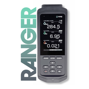 A TPS Ranger handheld water quality meter, shown against a white background with a large vertical green 'RANGER' text overlay on the left.